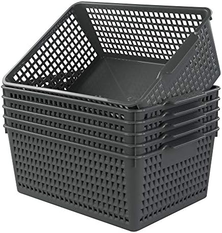 Rinboat Large Plastic Rectangle Storage Baskets, Gray, 6 Pack