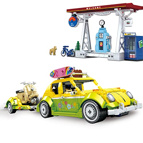 Camper Van Building Kit with Trailer and City Gas Station,Pull-Back Camper Van Model Set, Building Blocks Toy for 6+ Boys,Girl,Kids Adult New 2022 (1409 Pieces)