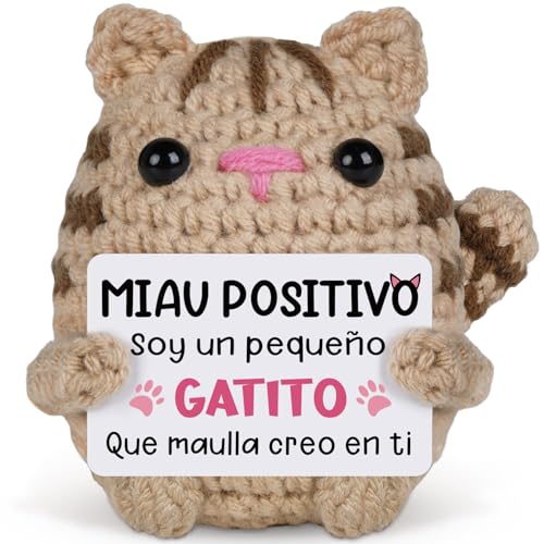 Regalo Positivo para Mujer, Regalos Amigas Originales, Regalos Graciosos para Adultos Adolescentes, Regalos Divertido Cumpleaños Navidad, Decoración Crochet Motivador, Gatito Muñeca Tejida a Ganchillo