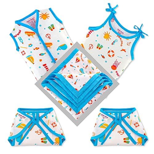 BUMSIES New Born Baby Combo Cloth Gift Set - 1 Printed Cotton Sleeveless Vest, 1 lace tie Slip, 2 Cotton Cloth Lace Nappy & 1 Double Layer swaddle blanket, Pack of 5 (Aqua Print 0-3 Months)-picture-15