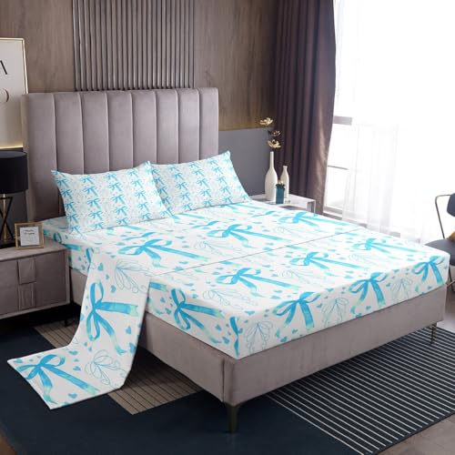 Manfei Blue Bow Kids Sheet Set Queen Size, Cute Bow Heart Print Bedding Set for Girl Women Room Decor, Cartoon Bowknot Bed Sheet Set 4pcs with Deep Pocket Fitted Sheet + Top Sheet + 2 Pillowcases