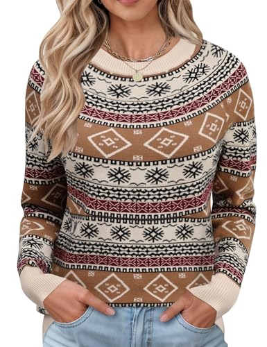 LOMON Women's Retro Fall Lightweight Sweater Indian Printed Style Pullover Cozy Casual Daily Pullover Ethnic Pattern M