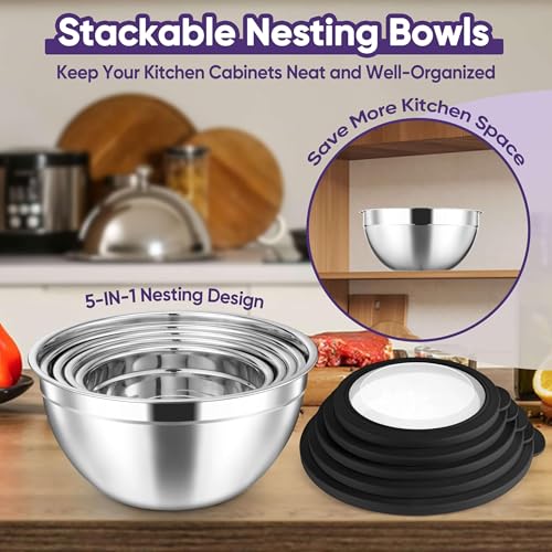 Herogo 5-Piece Stainless Steel Mixing Bowls with Visible Lids, 3 Grater Attachments, Metal Salad Serving Bowls for Kitchen, 4.6/3.5/2.5/2/1.5 QT Ideal for Prepping & Cooking, Black by Herogo - Image 4