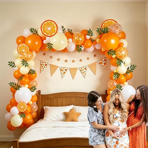 Little Cutie Baby Shower Decorations ，Orange Balloon Arch Kit, A Little Cutie is On The Way Baby Shower Supplies, Artificial Willow Leaves for Baby Shower Bridal Shower Party Fruit Party Decors — view 3