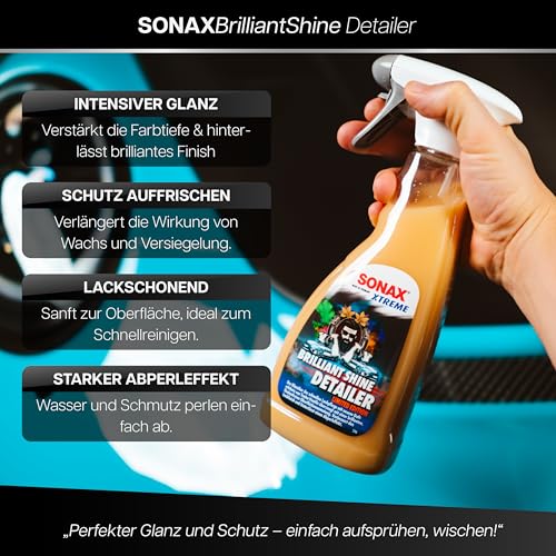 Auto Lackreiniger Set | SONAX XTREME Brilliant Shine Detailer 500ml + Poliertuch | Reiniger zur schnellen Lackpflege für frischen Glanz mit Wasserabperleffekt