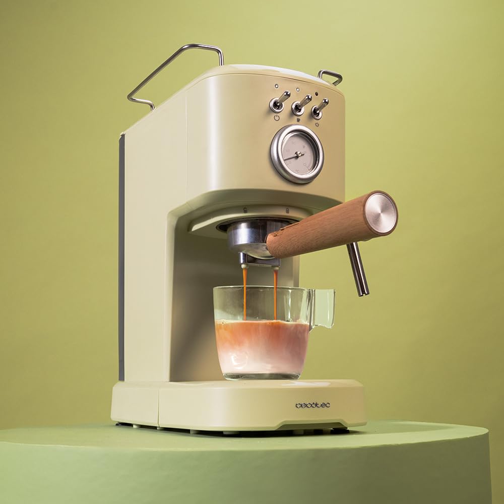 Cecotec Espressomaschine Compact Power Espresso 20 Retro Green 1100 W, 20 bar, Thermoblock-System, schwenkbarer Dampfgarer, Filterarm mit Doppelausgang und 2 Filter, 1,25 Liter