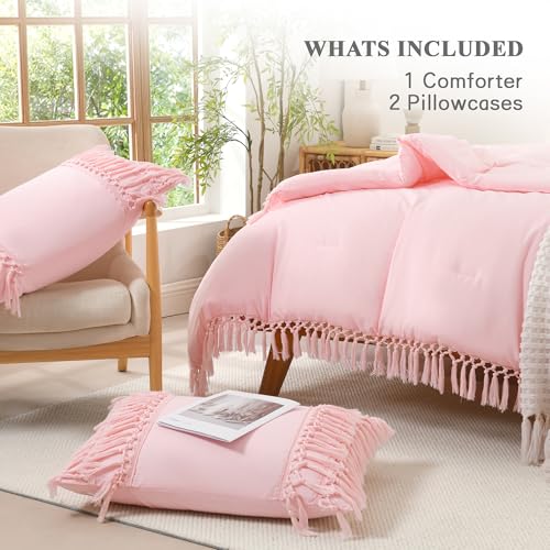 Image of Andency Comforter King Size Set Light Pink, 3 Pieces Boho Tassel Lightweight Fluffy Bedding Comforters & Sets, Soft All Season Bed Set (104x90In Comforter & 2 Pillowcases)