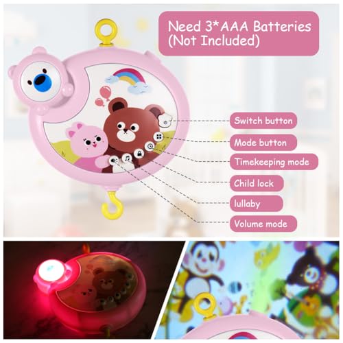 Aolso Babybett-Spielzeug, Mobile für Babybett, Baby Einschlafhilfe Musikspielzeug mit süßen Tieren, Babybett-Mobile mit Musik und Lichtern, Projektor und Fernbedienung (Rosa)