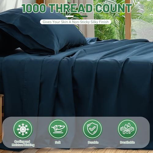 Image of 1000 Thread Count Egyptian Cotton Sheets Queen Size Set 4PCS Sateen Weave Soft Breathable 16-Inch Deep Pocket(Queen,Navy)