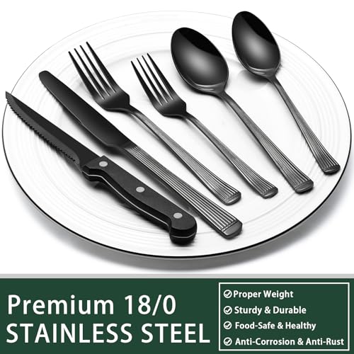 Image of EWFEN 24-Piece Black Silverware Set with Steak Knives, Black Flatware Set for 4, Food-Grade Stainless Steel Tableware Cutlery Set, Mirror Finished Utensil Sets for Home Restaurant, Roman Column