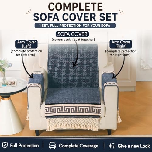 Image of HOKIPO 'Imperial Tassel Series' Thick & Soft Chenille Jacquard Sofa Cover 1 Seater Set for Seat, Back & Arms with Tassels, Slate Grey (IN-1009 + IN-1012-I5*2)