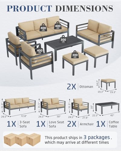 Image of AECOJOY Aluminum Patio Furniture Set, 9 Seats Modern Outdoor Furniture with Coffee Table, 7 Pieces Metal Conversation Sectional Sofa, Beige