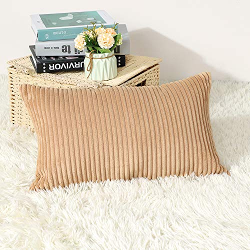 Artscope Cozy Striped Corduroy Pillow Covers Super Soft Decorative Oblong Throw Pillow Covers Case Cushion Covers for Sofa Couch Bedroom Car Decor 12 x 20 Inches, Khaki