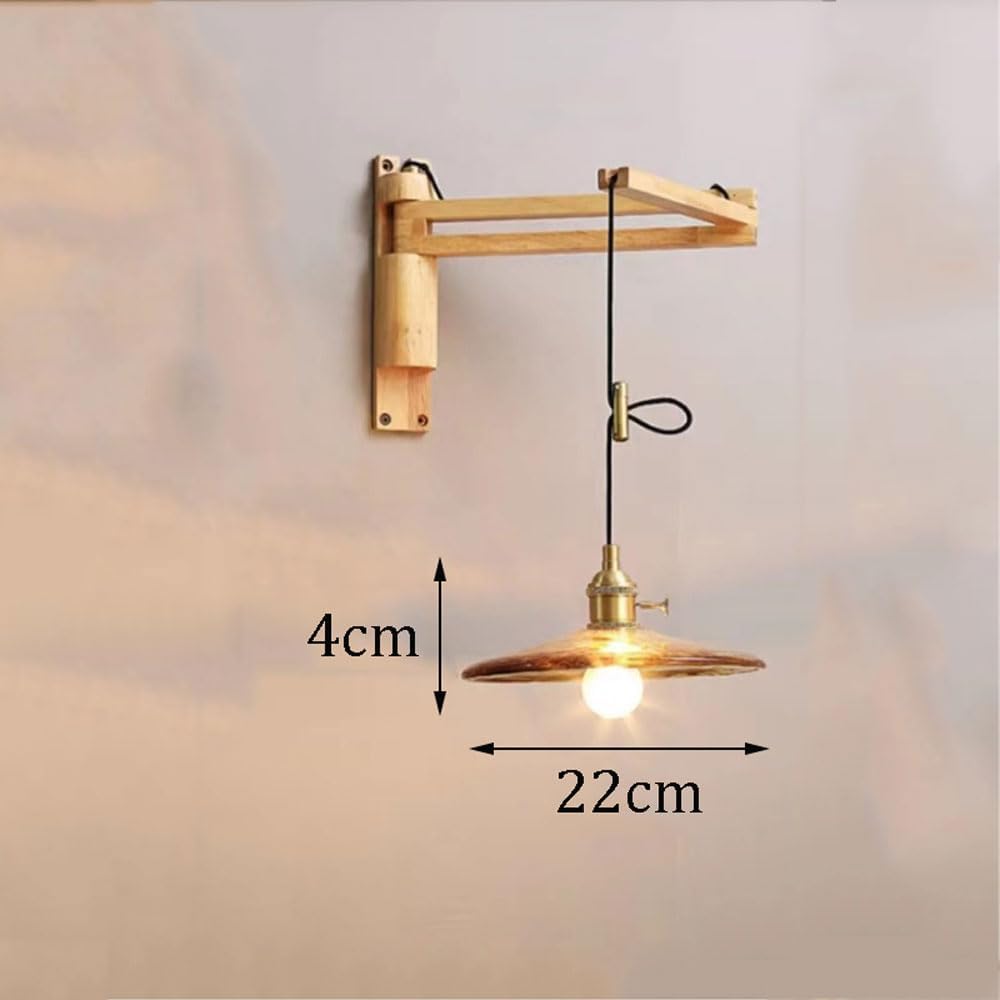 Wood Wall Sconces Light Swing Arm Wall Lamp with Amber Glass 350° Free Rotation Bedroom Vintage Wall Mounted Light Fixture for Bedroom Bedside Reading Walnut Wall Lamp Nightstand