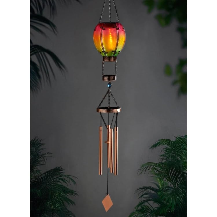 Solar Powered Hot Air Balloon Wind Chime Outdoor Hanging Decor – Weather-Resistant LED Garden Lantern with Color-Changing Lights, Durable Metal Design for Patio, Porch, Balcony & Gifts A108
