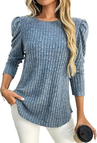 Puff Long Sleeve Shirts for Women Crew Neck Knit Dressy Casual Tops Blouses Elegant Tunic Pullover Fashion Outfits (Sky Blue,X-Large)