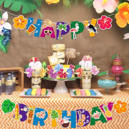 Image of Hawaiian Happy Birthday Banner Tropical Birthday Banner Colorful Hawaiian Luau Flamingo Pineapple Palm Leaf for Kids Summer Baby Shower Party Decorations Supplies