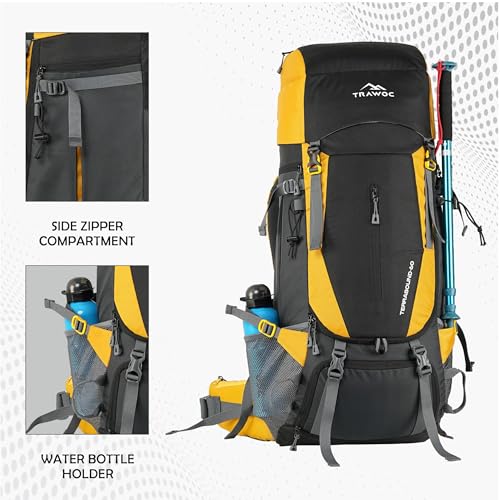 Image of TRAWOC TERRABOUND 60 Liter Camping Backpack Trekking Hiking Ruckssack Travel Bag Front & Top Loading Laptop /Rain Cover /Shoe Compartment, HK014