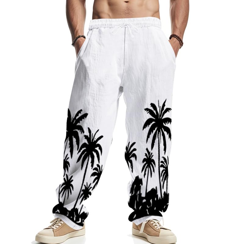 ZOCANIA Linen Pants for Men Palm Trees Print Lightweight Baggy Style Summer Fall Beach Casual Trousers with Pocket