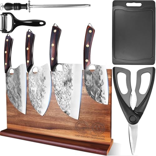 XYJ Authentic Since 1986,Kitchen Knife Block Set,High Carbon Steel Blades,Knives Set with Wooden Magnetic Knife Block,Sharpening Steel,Cutting Board,Cleaver Slicing Knife,Wood Handle