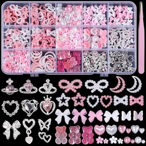 Silver Nail Gems Charms, 3D Pink Color Nail Charms, Acrylic Blossom Tiny Flowers Flatback Multi Styles Pearls Nail Charms Planet Heart Butterfly Nail Diamond Charms for Manicure DIY Crafts Jewel Decor Cover