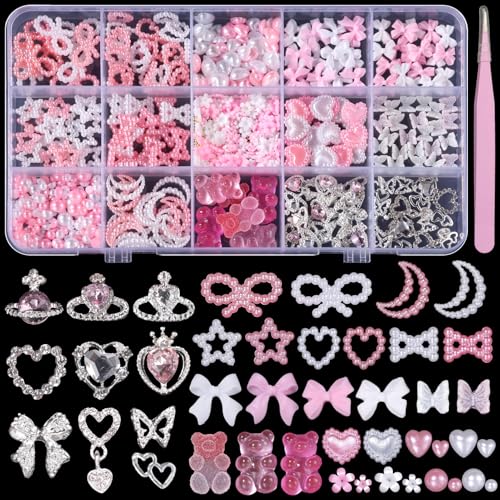 Silver Nail Gems Charms 3D Pink Color Nail Art Charms Acrylic Blossom Tiny Flowers Flatback Multi Styles Pearls Nail Charms Planet Heart Butterfly Nail Diamond Charms for Nails Manicure DIY Crafts