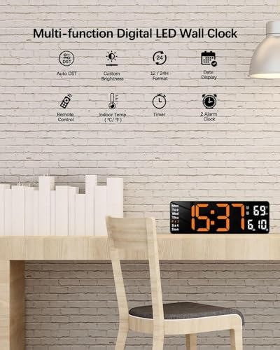 Image of EASEPRES 16 inch Digital Wall Clock with Remote Control - LED Display, Auto-Dimming, Countdown Timer, Temperature & Calendar - 12 /24 Hour Format, ABS Rectangle Design (Orange+White)