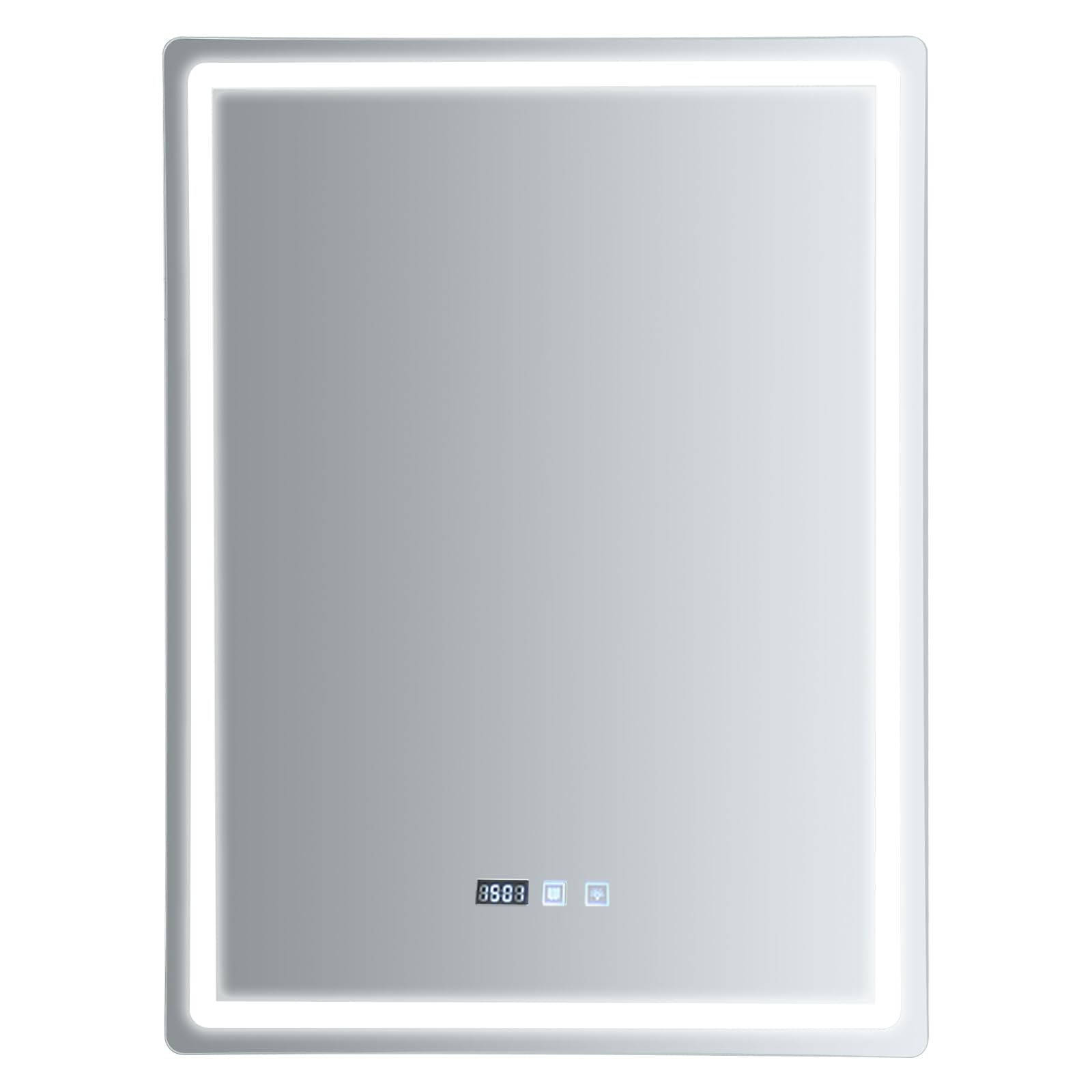 Espejo de baño LED con luces, 60 x 80 cm, espejo iluminado para pared de baño, regulable, sin vaho, tres colores de luz, instalación vertical, plata
