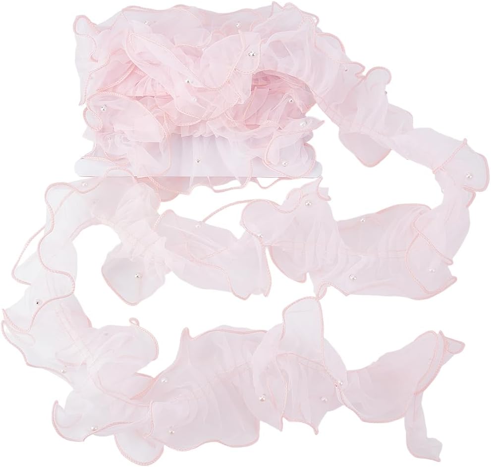GORGECRAFT 3 Yards Pleated Organza Lace Ribbon 5.5 Inch Ruffled Lace Edge Trim Pink Gathered Edging Trimmings Tulle Fabric for Wedding Dress Gown Clothing Applique Embellishment DIY Sewing Crafts