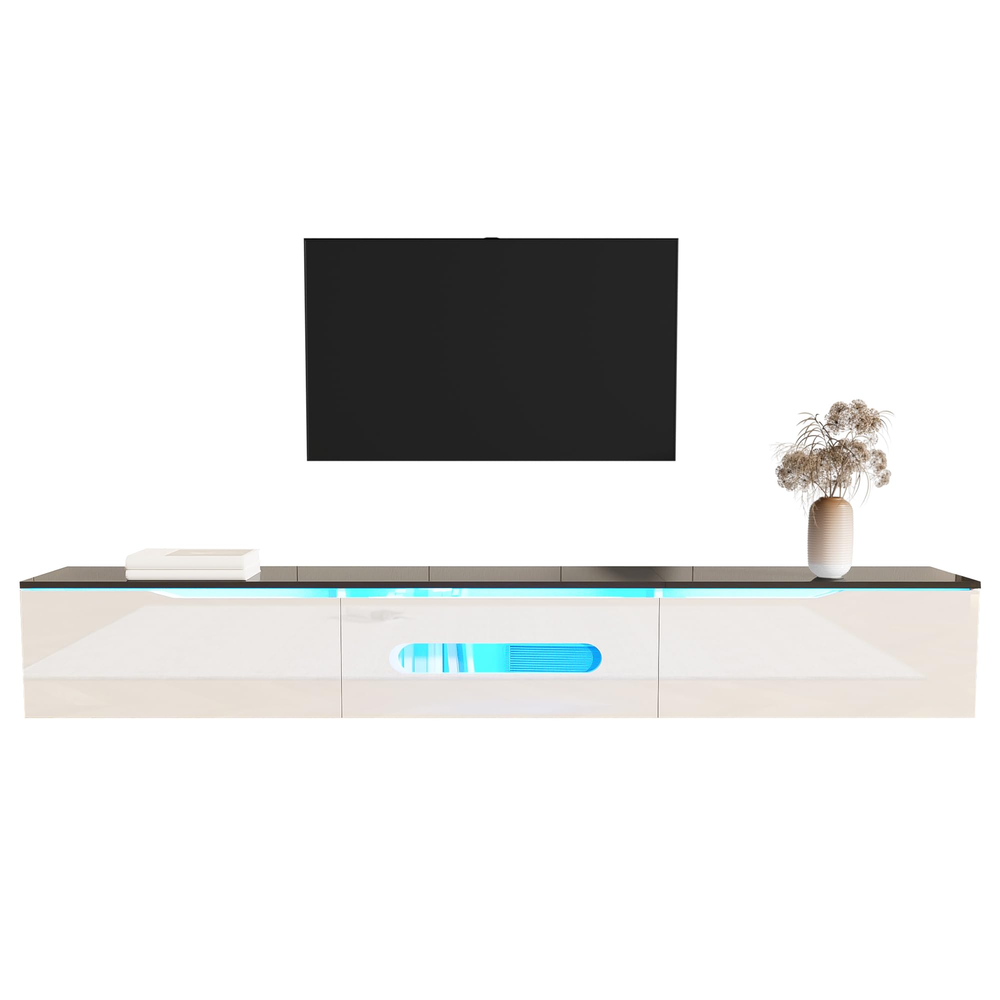 ModernLuxe TV Stand Cabinet with 1 Drawer, 3 Doors and 2 Open Glass Compartments, 16-Color Adjustable LED Lighting, Stylish Black and Natural Wood TV Unit for Living Rooms, 180x37x45cm