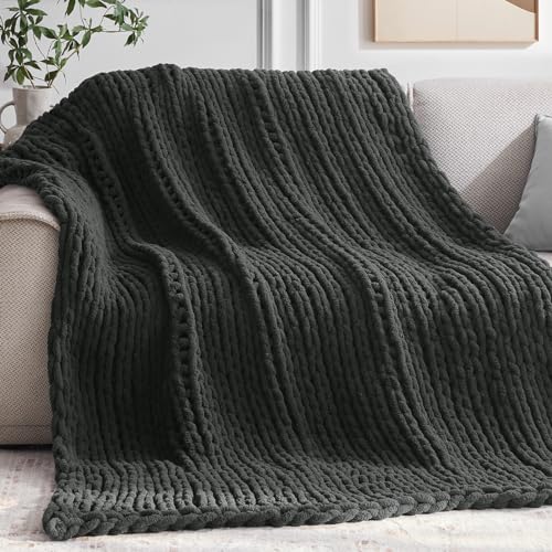Negwoo Chunky Knit Throw Blanket, 50''*60'' Knitted Throw Chenille Yarn for Bed Couch, Handmade Dark Grey Crochet Big Thick Blanket, Machine Washable Cute Comfy Blanket for Home Decor