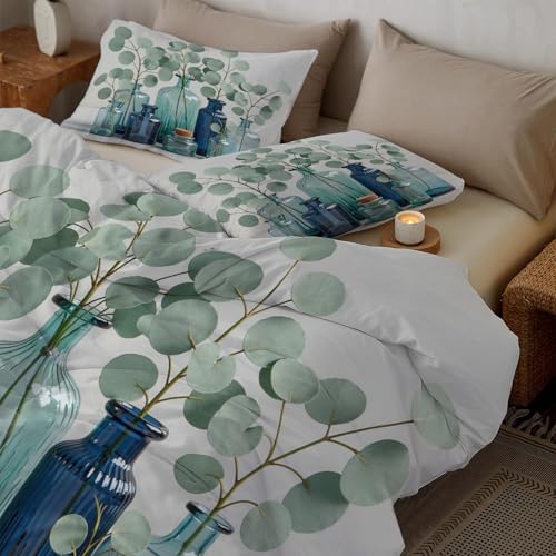 Housse de couette 220x240 cm réversible en microfibre avec branches d'eucalyptus