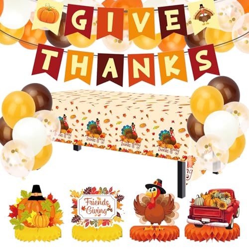 BAHABY Thanksgiving Decorations Set, 54 x 87 Inch Thanksgiving Tablecloth + "GIVE THANKS" Banner + 4 PCS Honeycomb Centerpiece+ 30 PCS Fall Balloons BAHABY Thanksgiving Decorations Set, 54 x 87 Inch Thanksgiving Tablecloth + "GIVE THANKS" Banner + 4 PCS Honeycomb Centerpiece+ 30 PCS Fall Balloons