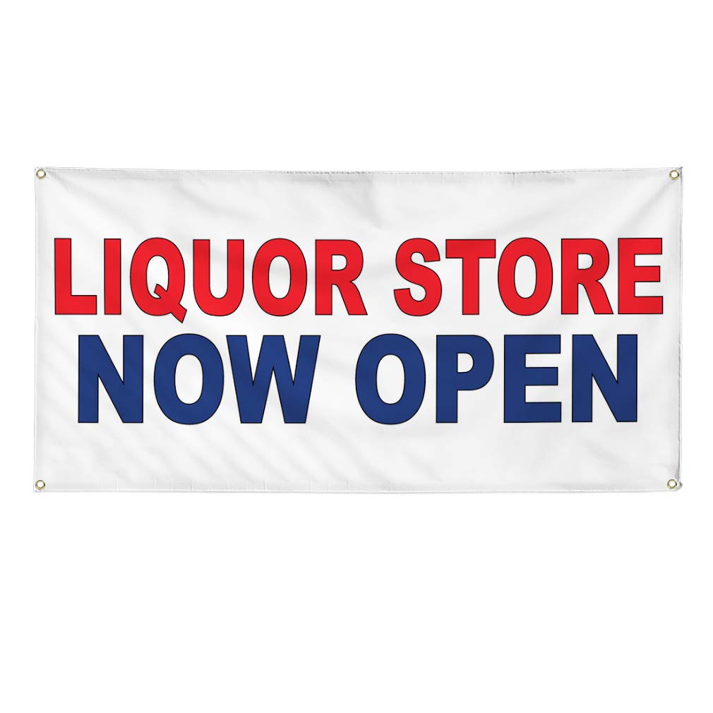 Vinyl Banner Multiple Sizes Liquor Store Now Open Red Blue Business Outdoor Weatherproof Industrial Yard Signs 4 Grommets 24x48Inches