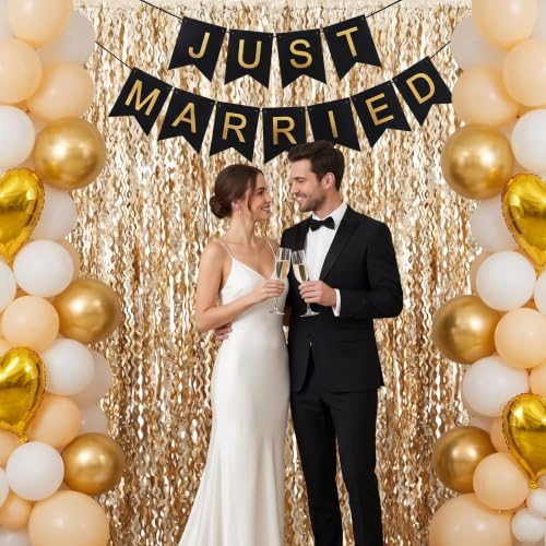 Image of TONIFUL 2Pcs Wavy Champagne Gold Metallic Foil Fringe Curtains Streamers | 3.3ftx6.6ft Photo Booth Backdrop Door Streamer, Props for Bachelorette Birthday Wedding Bridal Shower Baby Shower Decoration
