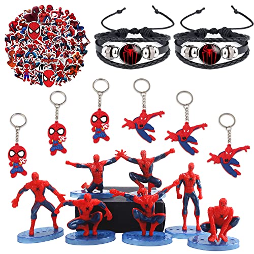 Forhome Spiderman Party Mitgebsel, 65 Stück Spiderman Figuren Set enthält Spiderman Cake Topper, Spiderman Aufkleber, Spiderman Abzeichen Armband, Schlüsselbund Mitgebsel Kindergeburtstag Cover
