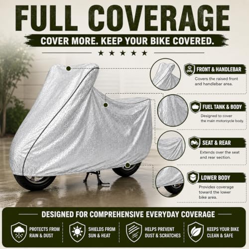 Image of Pivalo 100% Waterproof (Tested) Bike Body Cover for All Sports Bikes & Upto RE 350 Size | Multi-Layer Dustproof & UV Protected | All Weather Protection Two Wheeler Motorcycle Cover (XL, Silver)