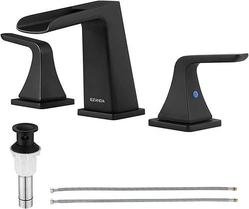 EZANDA Grifo de baño de cascada de latón de 3 agujeros, grifo de lavabo de tocador generalizado de dos manijas con líneas de suministro de grifo y