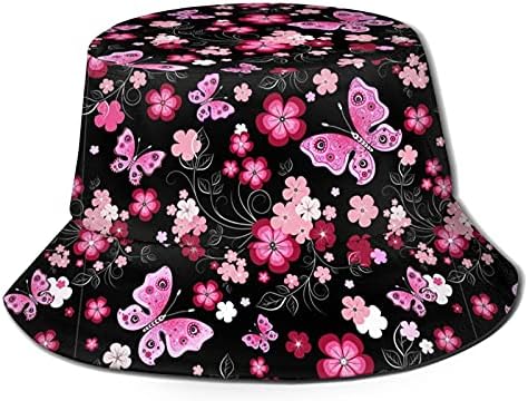 Cute Bright Pink Floral Butterfly Bucket Hat for Women Men，Beach Sun Fishing Golf Boonie Hats，Mens Womens Outdoor Travel Hats Caps Collapsible Unisex