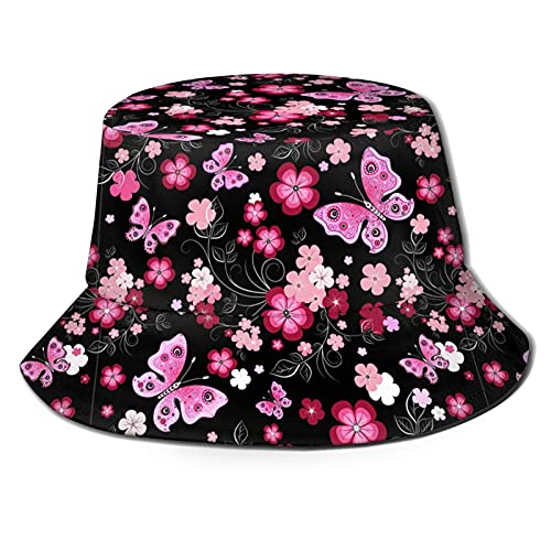 Cute Bright Pink Floral Butterfly Bucket Hat For Women Men，Beach Sun Fishing Golf Boonie Hats，Mens Womens Outdoor Travel Hats Caps Collapsible Unisex #TOP2