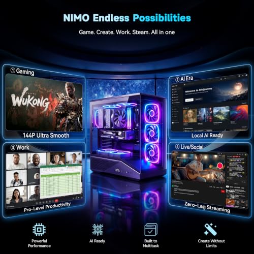 Image of NIMO Gaming-Desktop, GeForce RTX-5080 16GB Intel i5-14400F(Up to 3.6GHz beat i7-11700) 32GB DDR5, 1TB SSD, 1000W Power Supply ARGB Fan x4, Prebuilt PC Business & AI Creation Digital Nomads Streaming