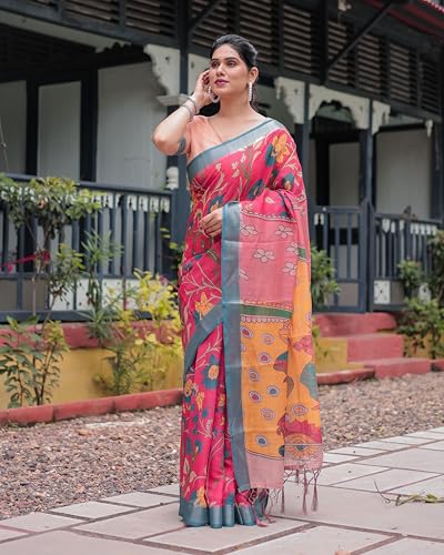 Image of Kaugalian store Linen Cotton Floral Printed Saree for Women with Unstitched Blouse Piece | 5.5 M Saree & 0.8 M Blouse