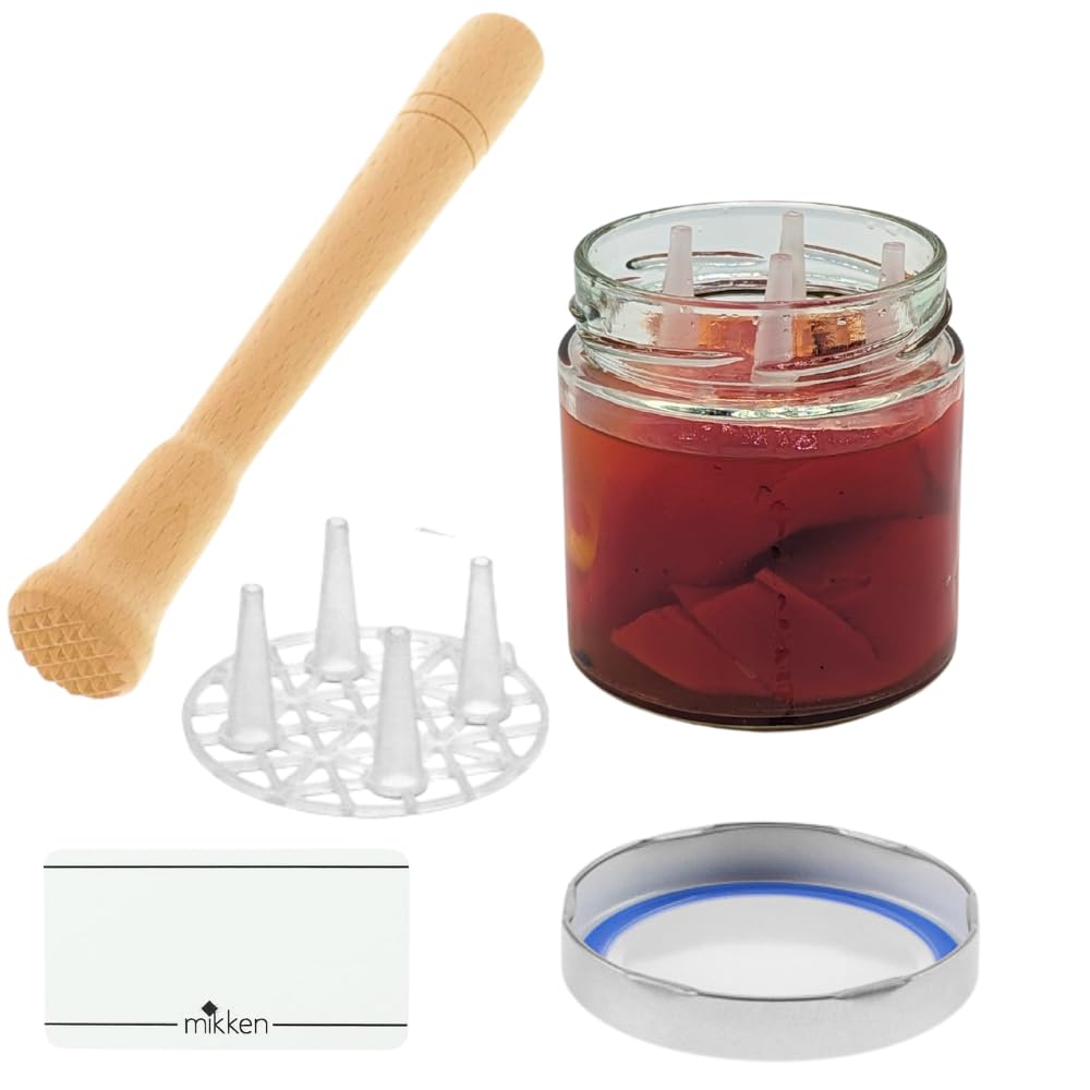 Fermentieren Starter-Set 4 Fermentiergläser 410 ml mit Blueseal Deckel (PVC frei), Fermentiergitter + Holzstampfer