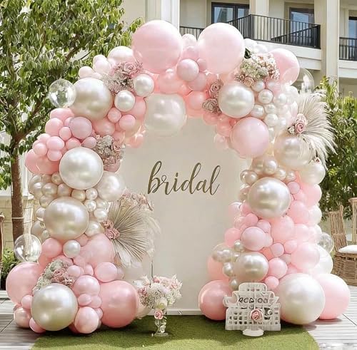 Pink White Balloon Arch Kit with Clear Bobo, Double Stuffed Baby Pastel Pale Pink Pearl Sand White Cream Balloon Garland for Birthday Bridal Wedding Baby Shower Valentines Day Party Decoration