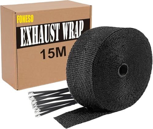 15M Cinta Anticalorica Para Escapes, Foneso cinta de Escape con 12 Bridas Metálicas de color negro, Cinta Anticalorica Escape Aislante de Fibra Para Colector de Escape de Motocicleta