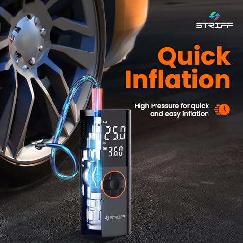 Image of STRIFF EZ air tyre Inflator with 150 PSI Pressure, 4000 mAh Battery PowerBank,Tyre Inflator Digital Display, Pressure Detection, 5 Air Fill Modes Tyre Pump Compressor for Cars, Bikes, Bicycles & Balls