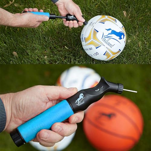 Sports Ball Pump Inflator with 5 Needles (Pin) and Pouch, Dual Action Hand Held Portable Air Ball Pump with pins to Inflate Athletic Soccer Ball, Football, Volleyball, Rugby & Basketball (Blue)