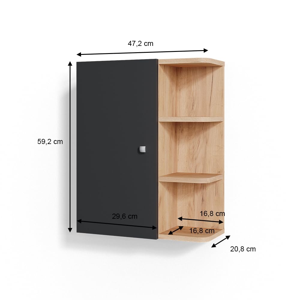Vicco Armario de baño Fynn, Antracita, 47.2 x 59.2 cm, para Montaje en Pared con estantes Abiertos