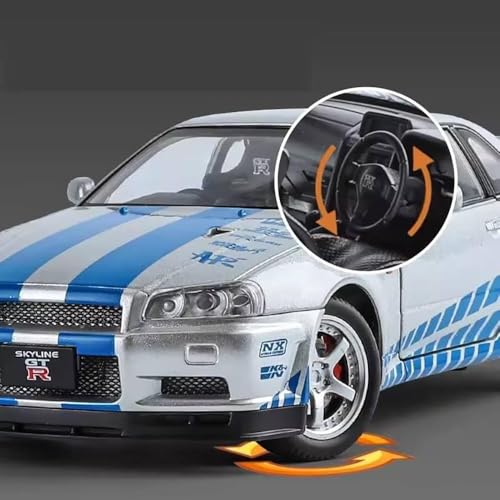 Image of LONGMIRE Metal Pull Back Diecast Car Pull Back Model with Sound Light Boys Gifts Toys for Kids Pack of 1, Multicolor (Nissan Skyline R34)