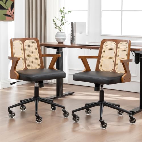 Image of Conference Room Chair, Mid Century Walnut Desk chair with Rattan Backrest